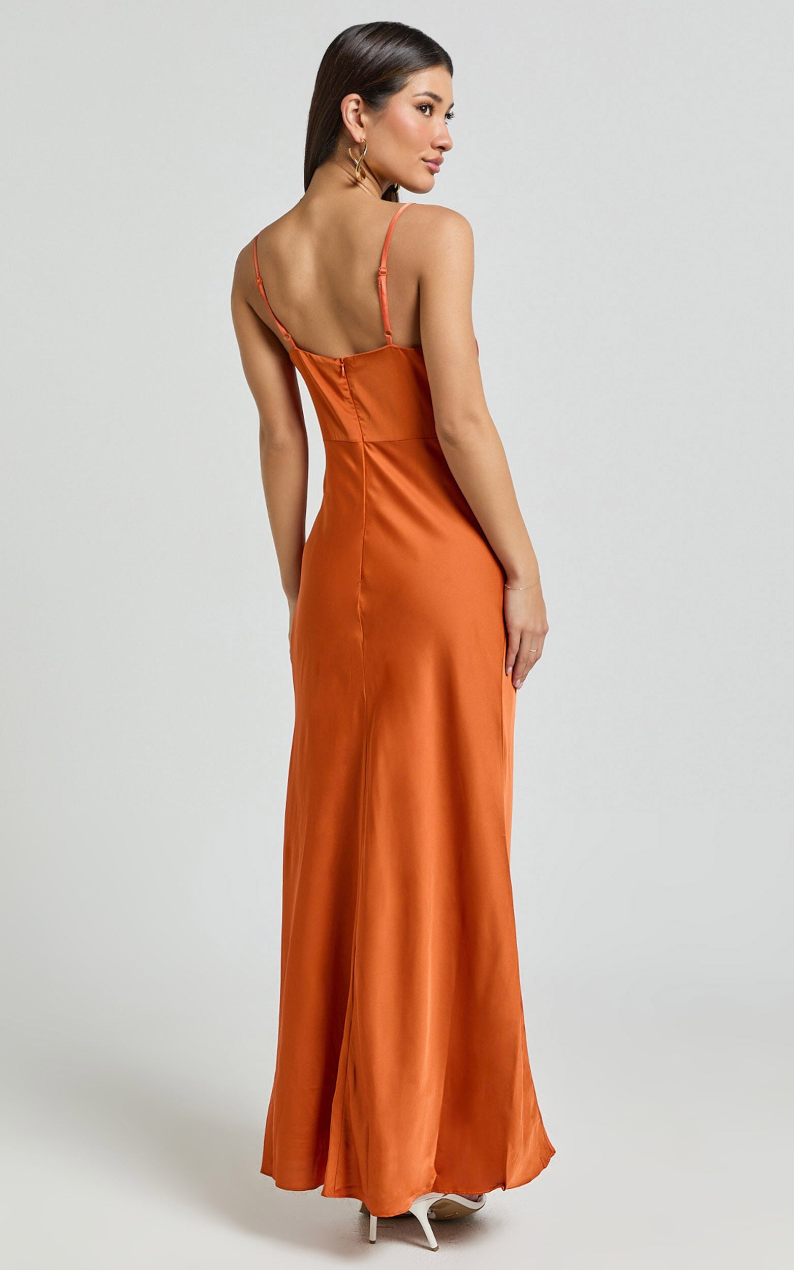 Amira Midi Dress - V Neck Sleeveless Slip Dress in Orange