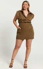 Dana Mini Dress - Collared Button Front Utility Dress in Khaki