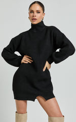 Tianna Mini Dress - Knitted Side Split Jumper Dress in Black