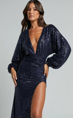 Arlington Midi Dress - Sequin Long Sleeve Dress in Midnight Navy