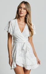Andi Mini Dress - V Neck Short Sleeve Wrap Dress in White