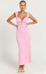 Roycie Midi Dress - Frill Sleeve V Neck Dress in Pink