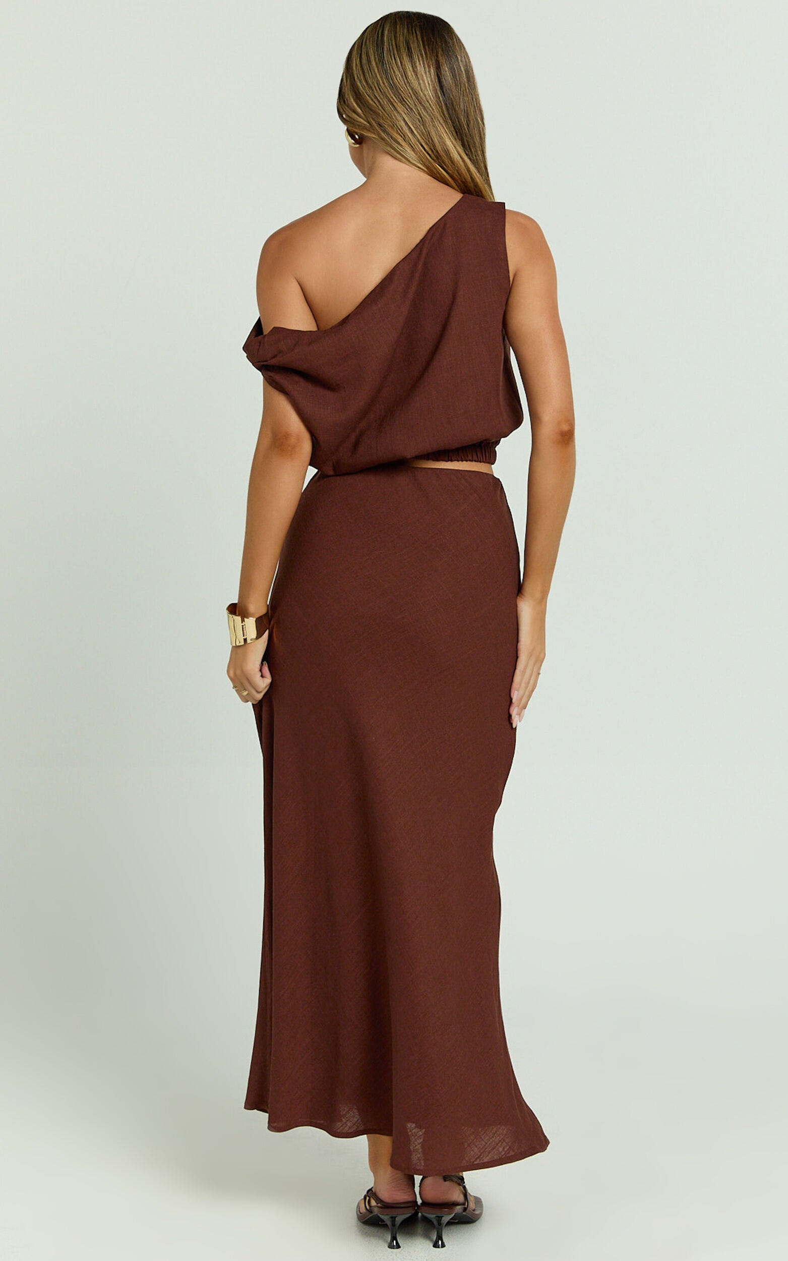 Collins Midi Skirt - Linen Look High Waisted Linen Look Bias Slip Skirt in Chocolate