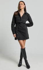 Ainsley Mini Dress - Button Through Long Sleeve Denim Dress in Washed Black