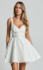 Cate Mini Dress - Sweetheart Pleated Bust Jacquard Mini Dress in White
