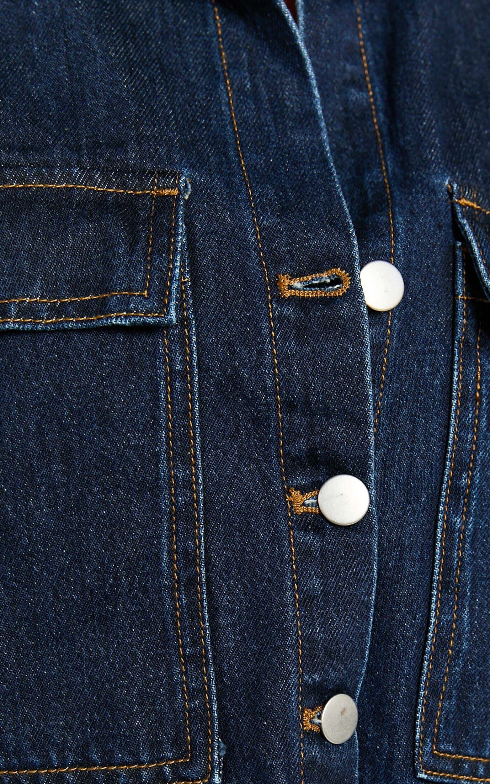 Katherine Top - Crop Button Down Collared Recycled Denim Short Sleeve Top in Dark Blue Wash