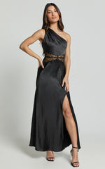 Estella Midi Dress - Asymmetrical Lace Detail Waist Slip Dress in Black