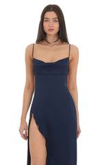 Cowl Neck Satin Open Back Maxi Dress in Navy