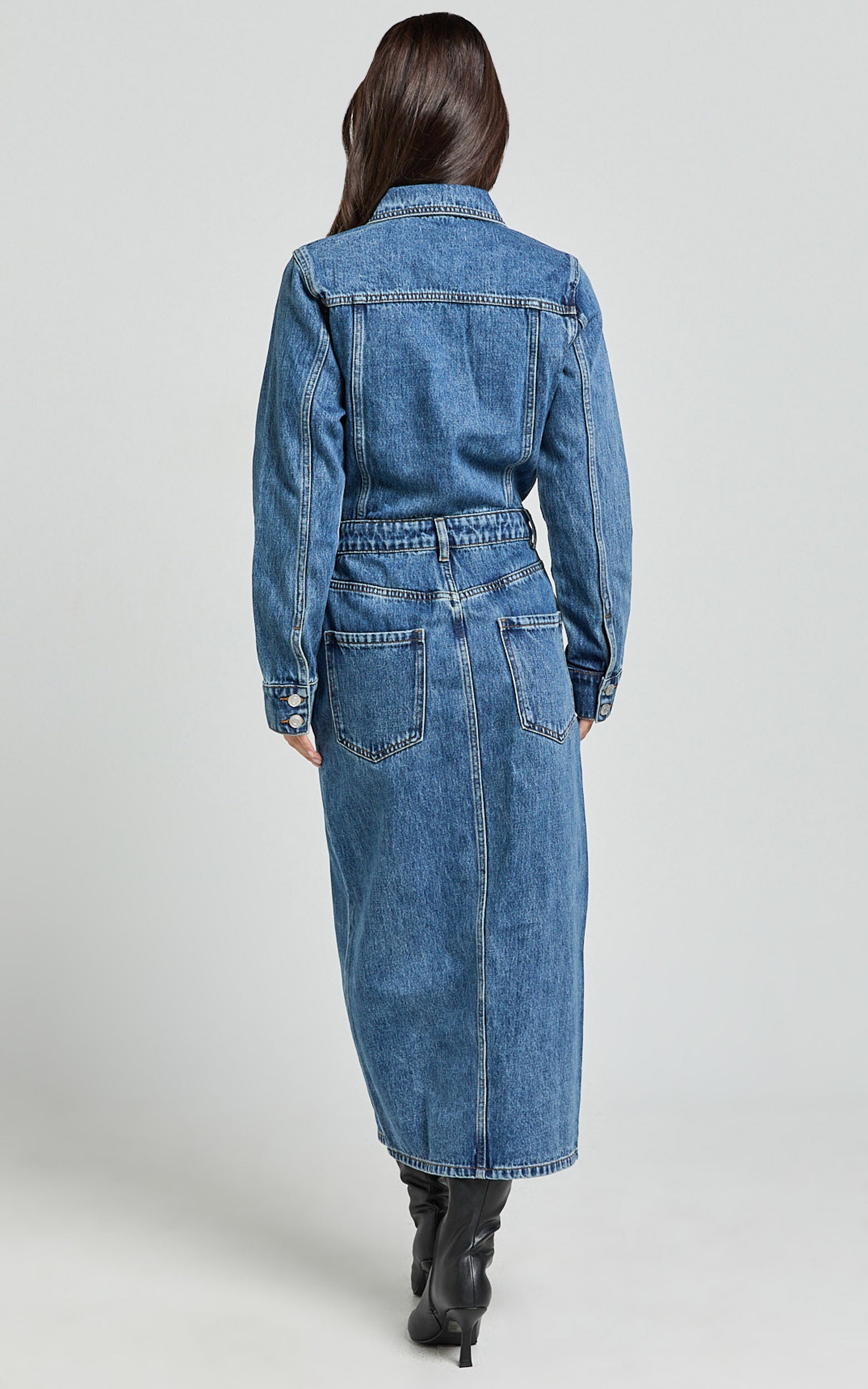 Alison Midi Dress - Long Sleeve Front Split Denim Dress in Mid Blue Wash