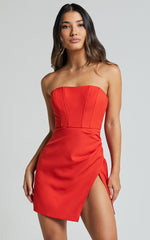 Bonne Mini Dress - Strapless Corset Side Split Dress in Red