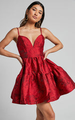 Britany Mini Dress - V Neck Tiered Strappy Tiered Fit and Flare Dress in Red