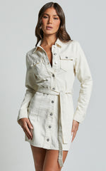 Enriquetta Mini Dress - Cotton Denim Long Sleeve Button Up Dress in Ecru