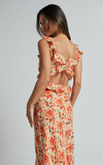 Alessa Maxi Dress - V Neck Frill Detail Empire Waist Back Cut Out Dress in Peach Floral