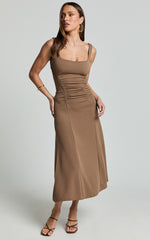 Jacel Midi Dress - Ruched Fit And Flare Dress in Mocha