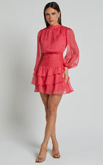 Charlize Mini Dress - High Neck Long Sleeve Layered Dress in Coral