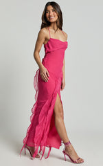 Connie Midi Dress- Ruffle Detail Dress in Hot Pink