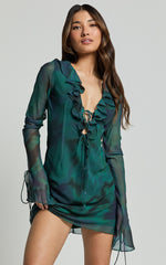 Alesya Mini Dress - Ruffle Plunge Neck Long Sleeve Tie Detail Dress in Moss Adeana