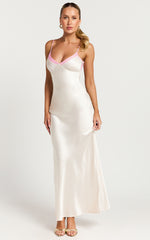 Chona Maxi Dress - Backless V Neck Slip Dress in White/Pink