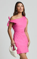 Jeofina Mini Dress - Off The Shoulder Linen Look Dress in Pink