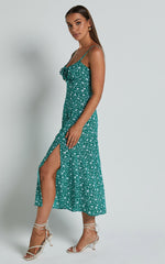 Willa Midi Dress - Ruched Bust Thigh Split Dress in Green Floral