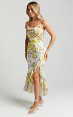 Sutton Midi Dress - Cowl Neckline Strappy Frill Hem in Dahlia Watercolour