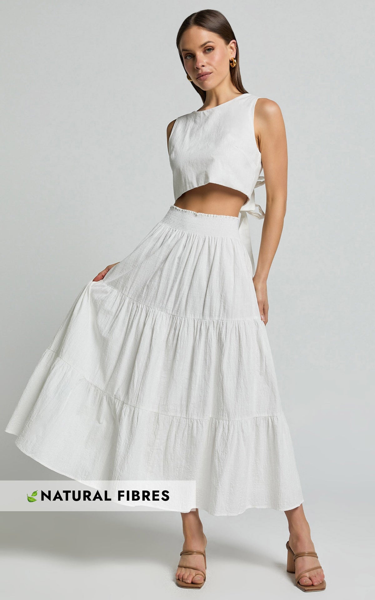 Ruby Midi Skirt - Shirred High Waist Cotton Tiered Midi Skirt in Off White