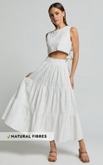 Ruby Midi Skirt - Shirred High Waist Cotton Tiered Midi Skirt in Off White