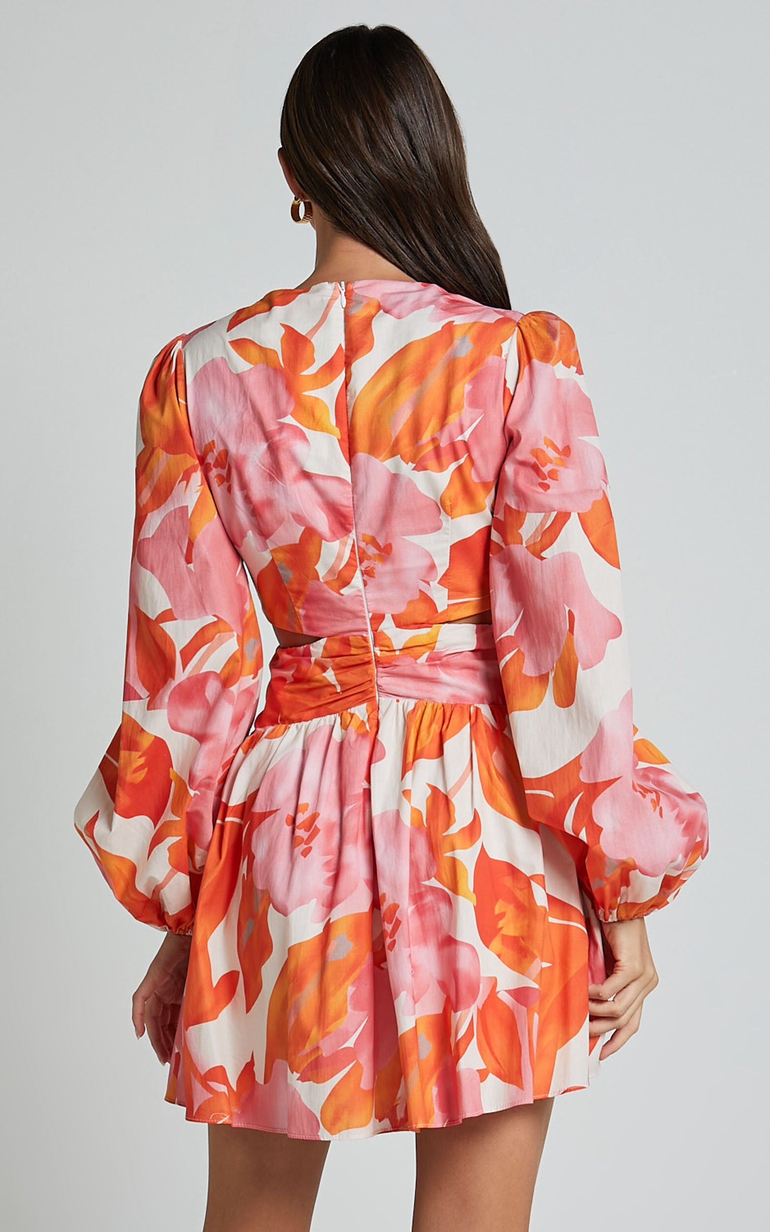 Ally Mini Dress - Plunge Neck Long Sleeve A Line Dress in Print