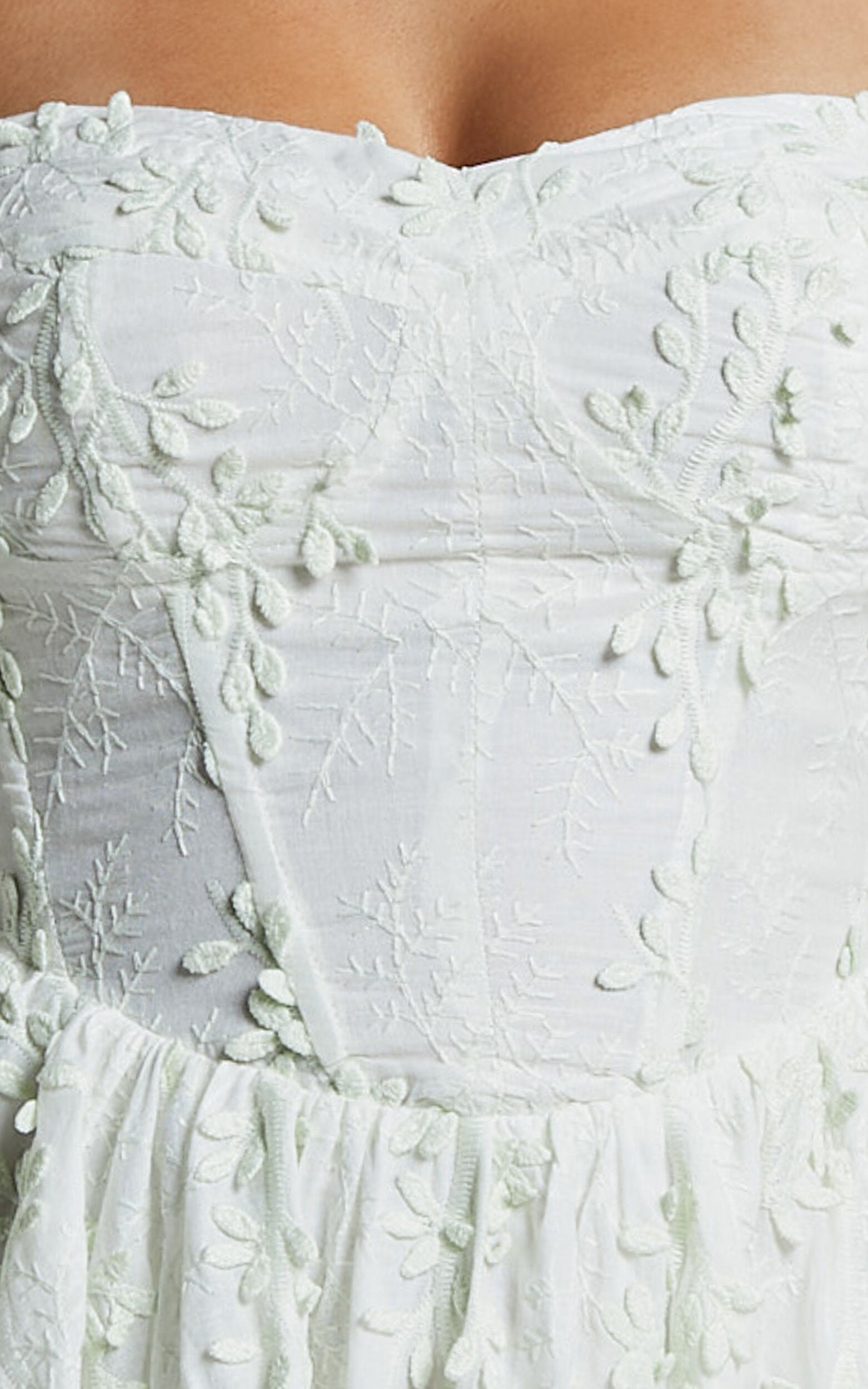Esthela Mini Dress - Embroidered Square Neck Short Puff Sleeve Corset in Pale Mint