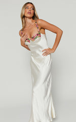 Harmony Midi Dress - Floral Detail Cup Bust Satin Dress in White