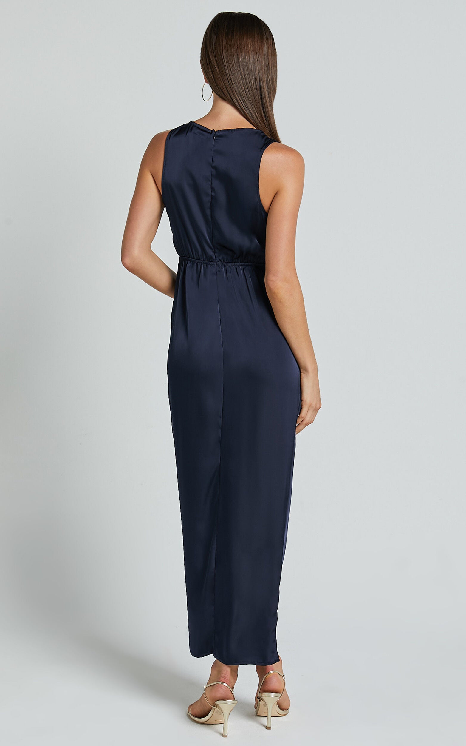Mariah Maxi Dress - Twist Detail Wrap Hem Satin Dress in Midnight Blue