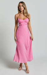 Krysta Midi Dress - Sweetheart Ruched Bust Slip Dress in Pink