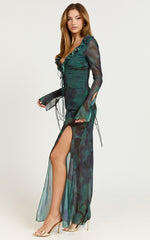 Katie Maxi Dress - Ruffle Plunge Neck Long Sleeve Dress in Green