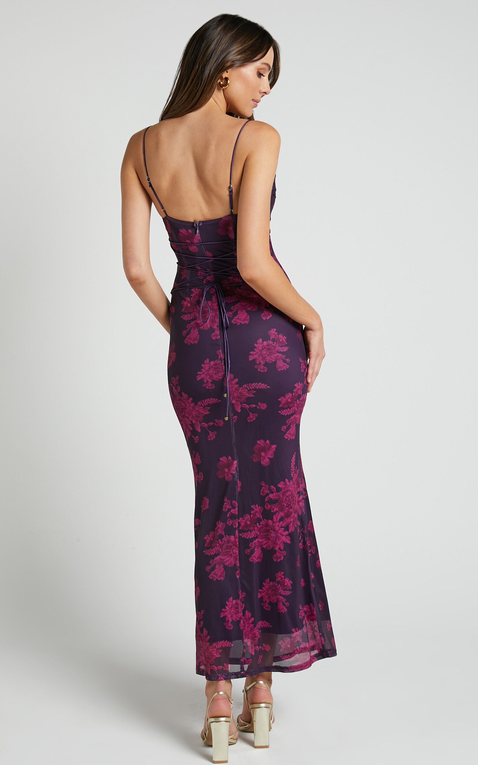 Ariel Midi Dress - Mesh Bodycon Tie Detail Dress in Purple Floral