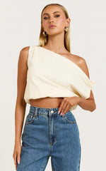 Collins Linen Top - Draped Asymmetrical Neckline Top in Stone