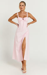 Maiya Midi Dress - Tie Front Fitted Bodice Dress in Soft Pink