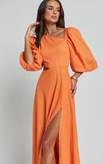 Rhyne Midi Dress - Asymmetric Puff Sleeve Side Cut Out A Line Dress in Papaya