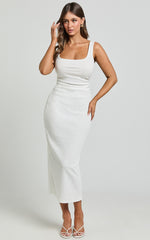 Sarina Midi Dress - Ribbed Scoop Neck Dress in White