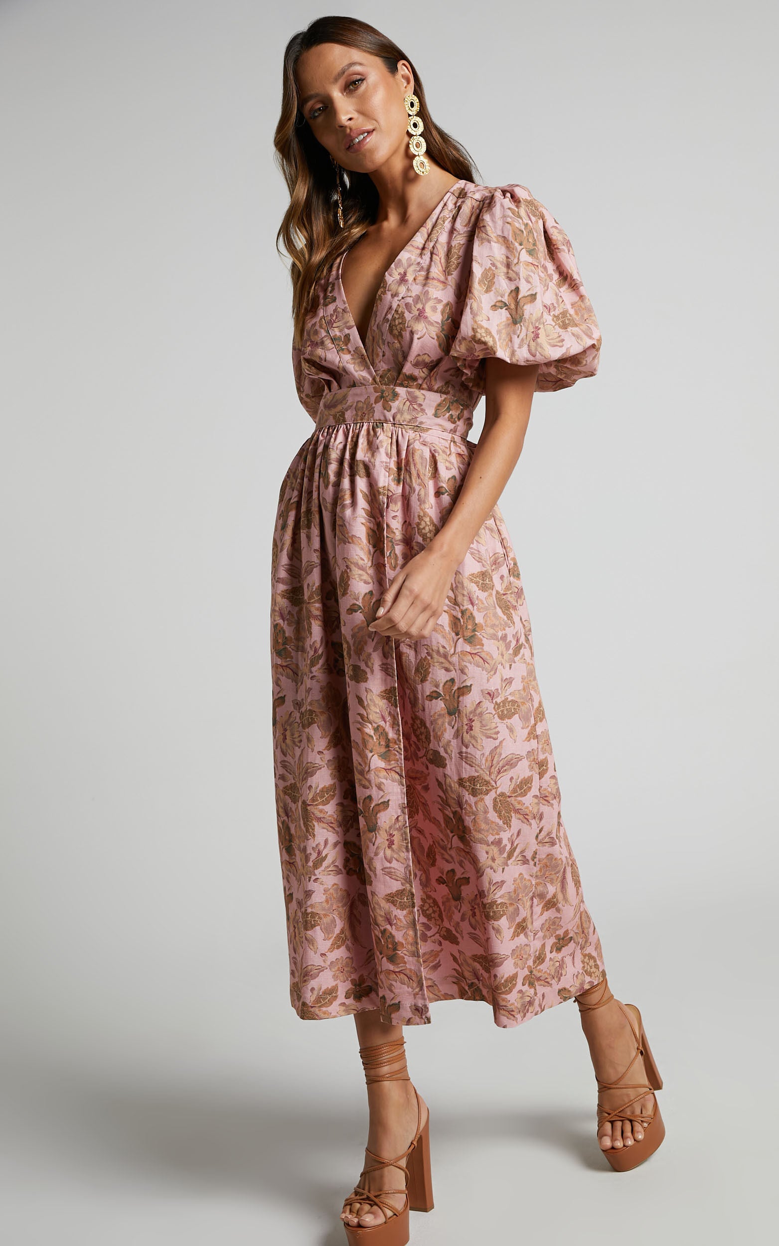 Amalie The Label - Franc Linen Puff Sleeve Wrap Midi Linen Dress in Vahala Print