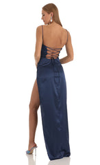 Satin Draped High Slit Maxi Dress in Navy