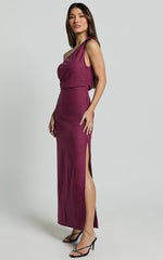 Cincinnati Midi Dress - Off The Shoulder Side Split Column Linen Dress in Merlot