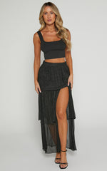 Daisy Maxi Skirt - High Waisted Thigh Split Skirt in Black