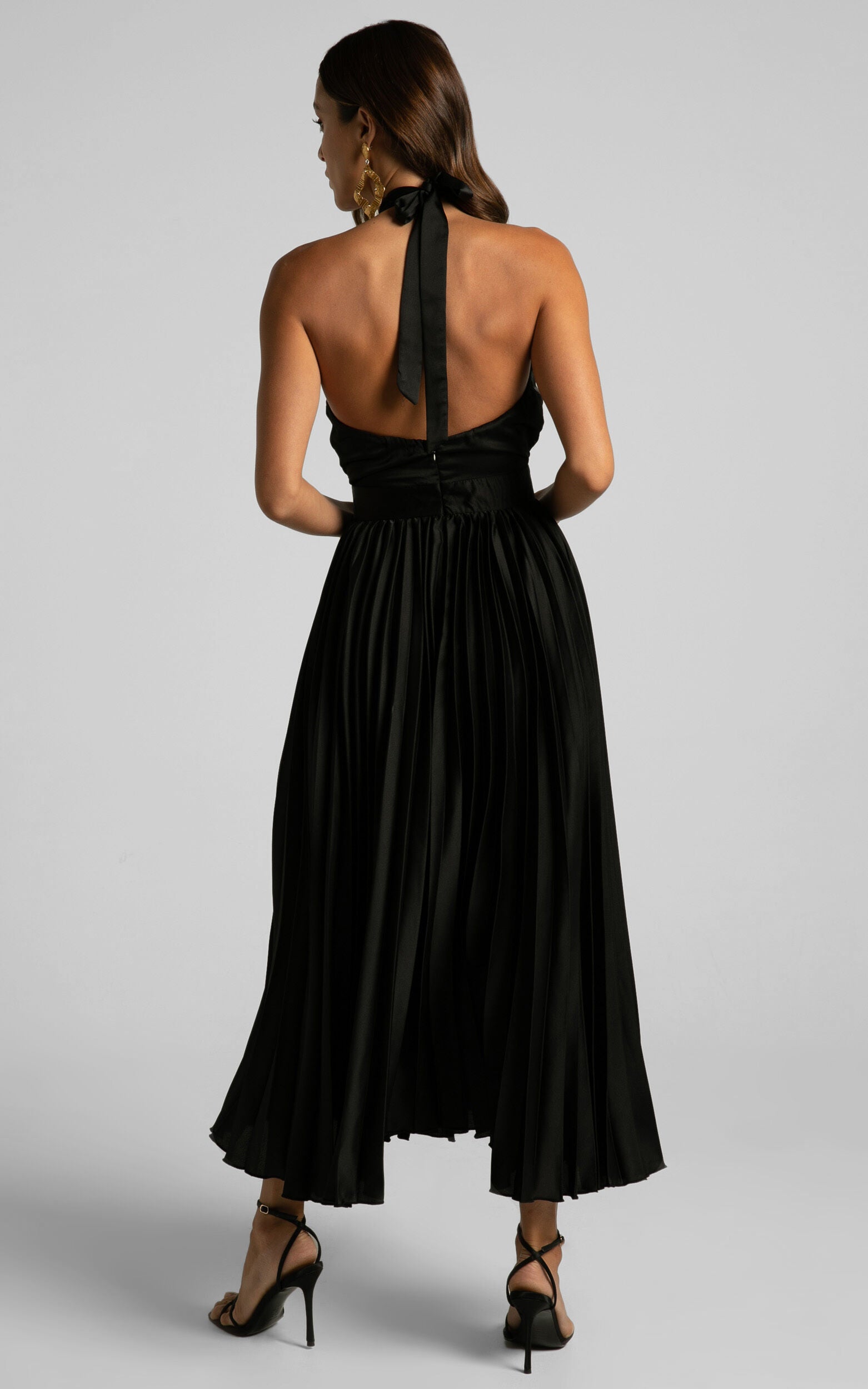 Eloise Midi Dress - Halter Neck Pleated Dress in Black
