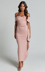 Cleo Midi Dress - Off The Shoulder Ruffle Split Dress in Blush