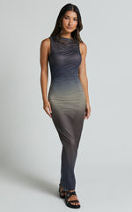 Tassa Midi Dress - High Neck Slip Mesh Ombre Dress in Stormy Ombre