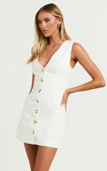 Kyla Mini Dress - V Neck Button Up Linen Vest Dress in Off White