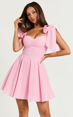 Girley Mini Dress - Bow Strap Dress in Pink Gingham