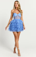 Amalie The Label - Meredith Strapless Tulle Tiered Bustier Mini Dress in Blue