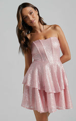 Mabel Mini Dress - Strapless Sweetheart Neck Tiered in Pink
