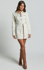 Enriquetta Mini Dress - Cotton Denim Long Sleeve Button Up Dress in Ecru